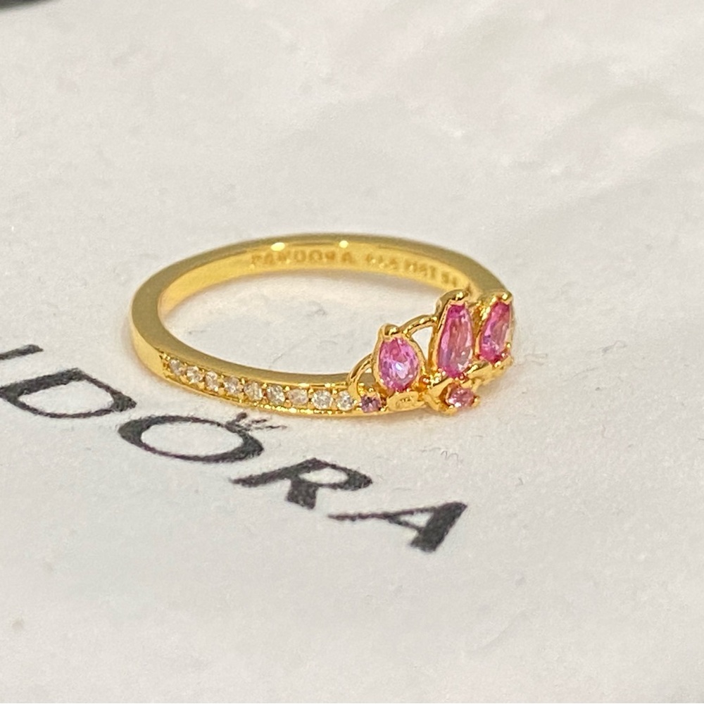 Pandora Gold Ring with Pink Teardrop Stones and Pavé Shoulders - Picture 4 of 4